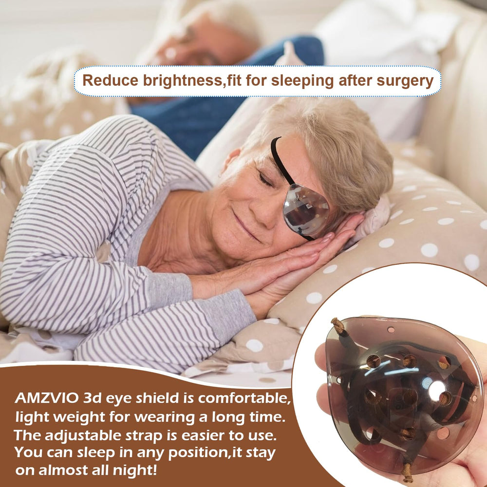 Person wearing AMZVIO eye shield for sleep after cataract surgery