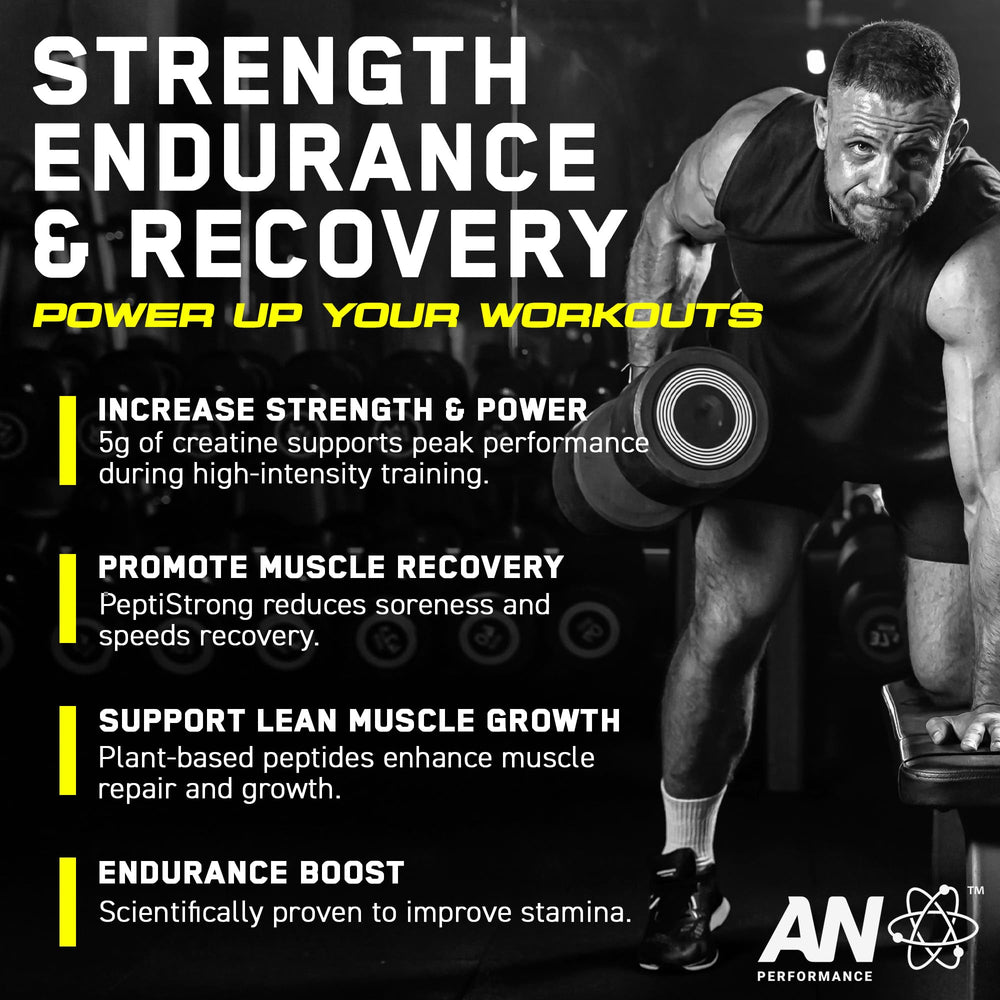 Scoop of AN Performance Creatine + Peptide powder poured into a glass