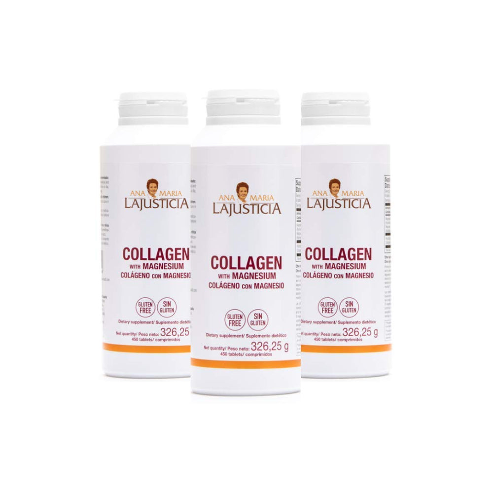 Front view of Ana Maria Lajusticia 3-pack collagen pills with magnesium