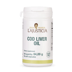 Bottle of ANA MARIA LAJUSTICIA Cod Liver Oil with Omega-3 and vitamins on a white background