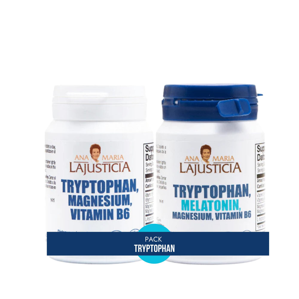 Bottle of Ana María Lajusticia Tryptophan Pack daytime formula (Tryptophan with Magnesium and Vitamin B6) packaging