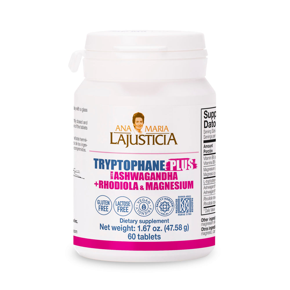 Ana María Lajusticia Tryptophane Plus Ashwagandha bottle label – 60 tablets