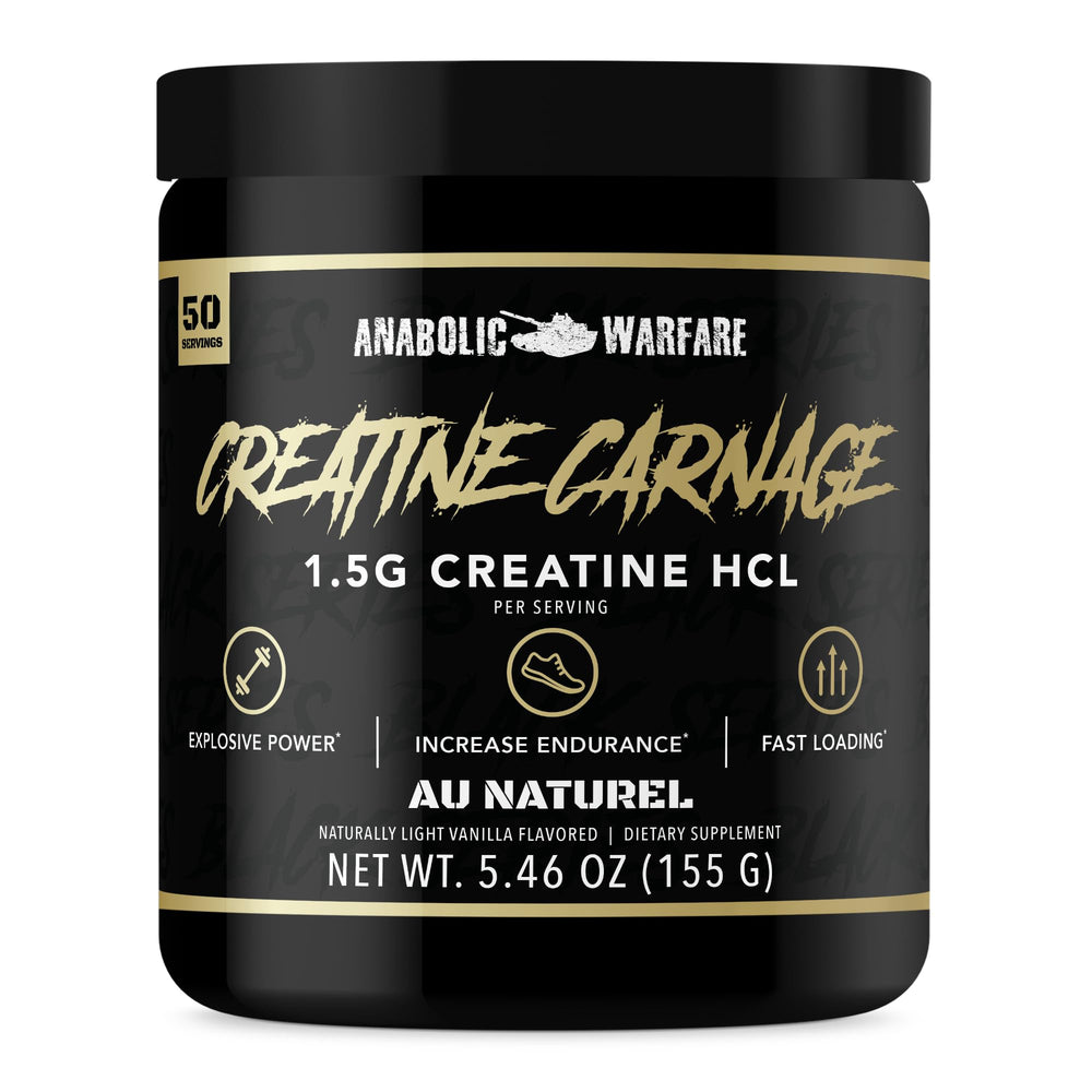 Anabolic Warfare Creatine Carnage bottle shows convenient strength and endurance support.