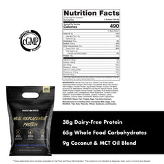 Scoop with prepared protein shake and ingredients in background