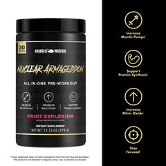 Close-up of Nuclear Armageddon label highlighting L-Citrulline, Beta-Alanine, and caffeine for enhanced workouts.