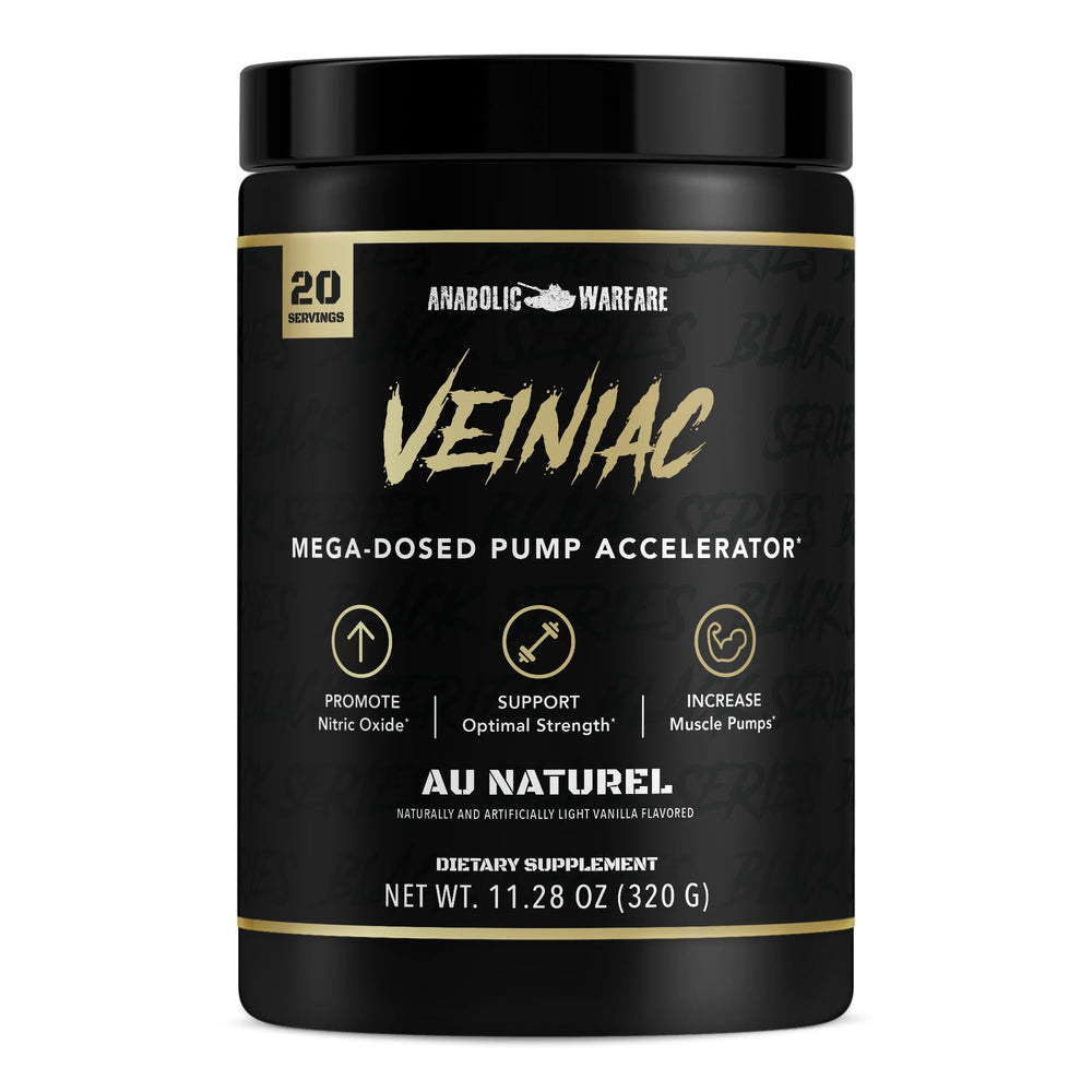 Anabolic Warfare Veiniac bottle pours powder for nitric oxide support during workouts.