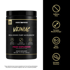 Veiniac jar front presents premium stimulant-free pre-workout branding.