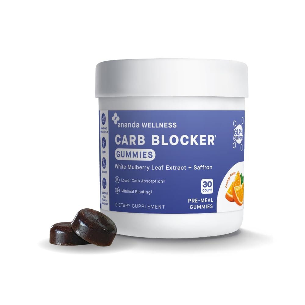 Ananda Wellness GLP-1 Gummies packshot highlighting orange flavor and carb-control profile.