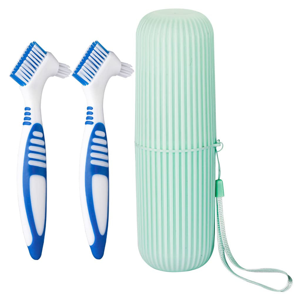 Close-up of dual-bristle denture brush design for cleaner retainers