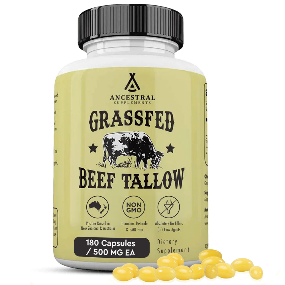 Hero image: Ancestral Supplements Beef Tallow Capsules bottle, 180 capsules, 3000mg each