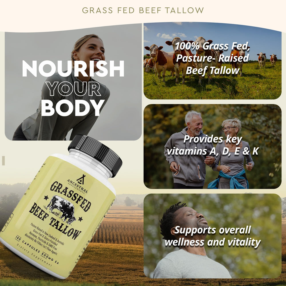 Beef tallow capsule ingredients highlighting fatty acids and vitamins A, D, K, E