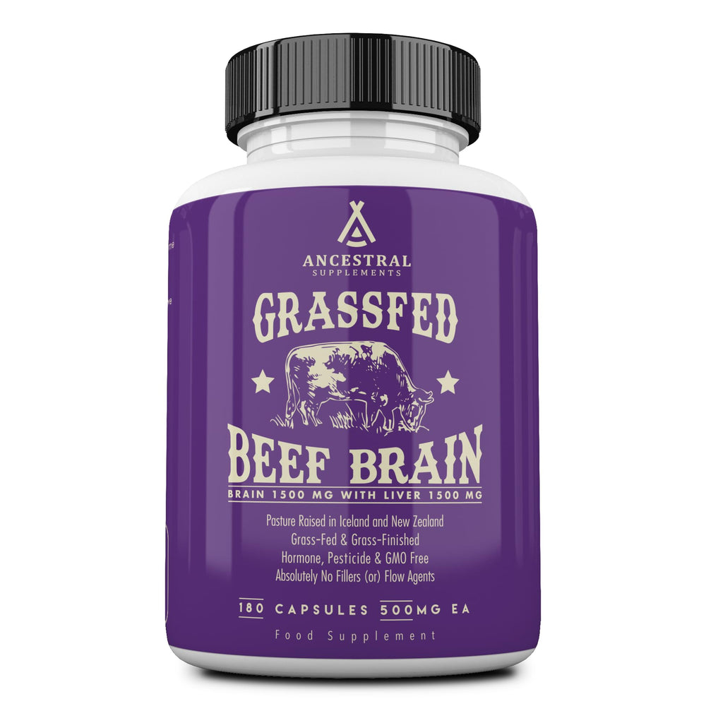 Bottle of Ancestral Supplements Grass-Fed Beef Brain + Liver capsules with label