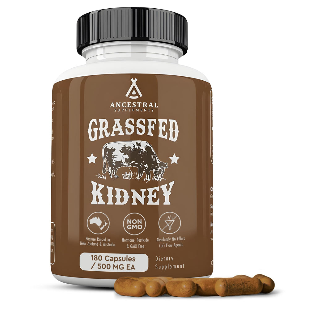 Front view of Ancestral Supplements Grass-Fed Beef Kidney 180-capsule bottle