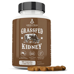 Front view of Ancestral Supplements Grass-Fed Beef Kidney 180-capsule bottle