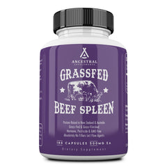 Bottle and label of Ancestral Supplements Grass Fed Beef Spleen Supplement (180 capsules)