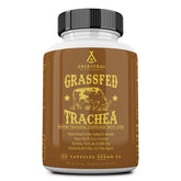 Front view of Ancestral Supplements bottle showing grass-fed beef tracheal cartilage with liver, 180 capsules.