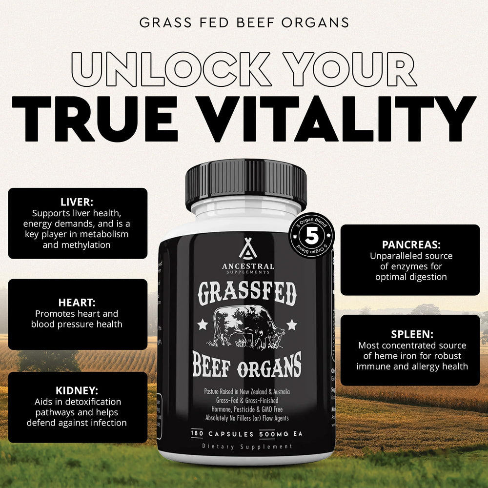 Ancestral Supplements grass-fed heart bottle highlighting CoQ10 and heart vitality