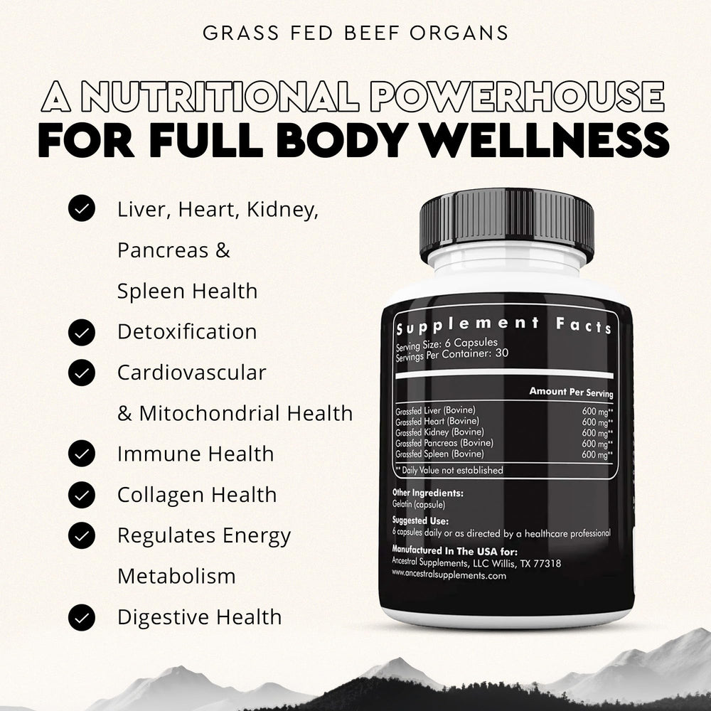 Ancestral Supplements grass-fed kidney bottle emphasizing selenium and B12