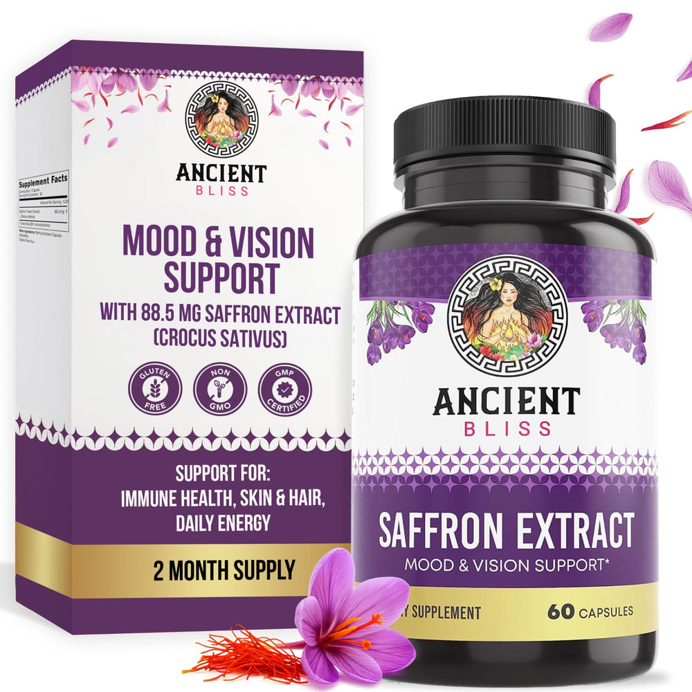 Ancient Bliss saffron extract bottle view for easy daily mood and eye support.