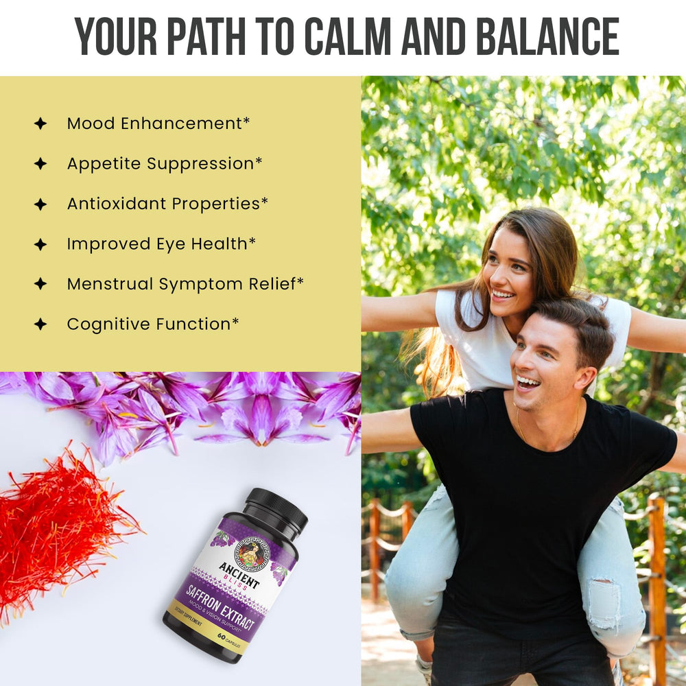 Ancient Bliss saffron packaging box highlighting quality saffron extract for wellness.