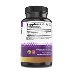 Lifestyle shot of Ancient Bliss saffron capsules on a table