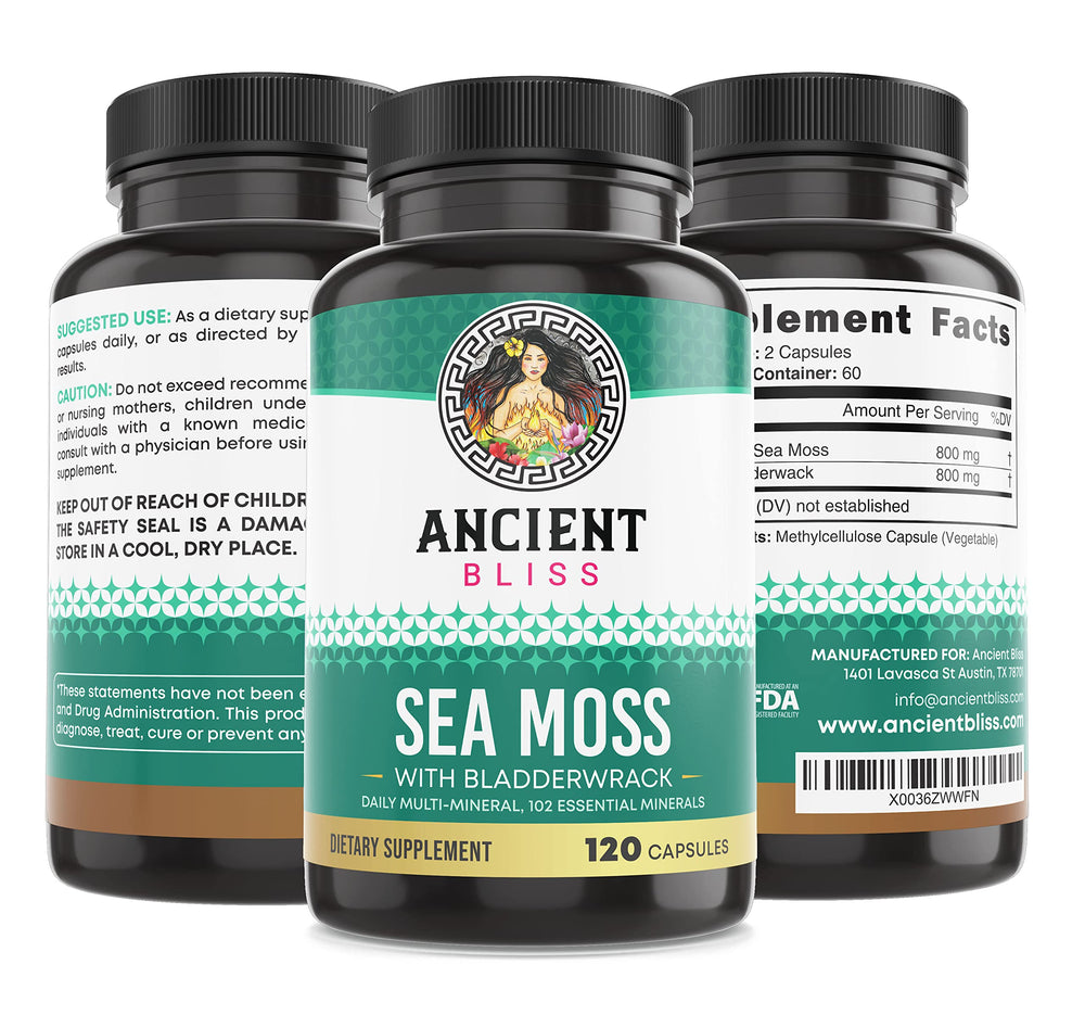 Product packaging display for Ancient Bliss Irish Sea Moss pills