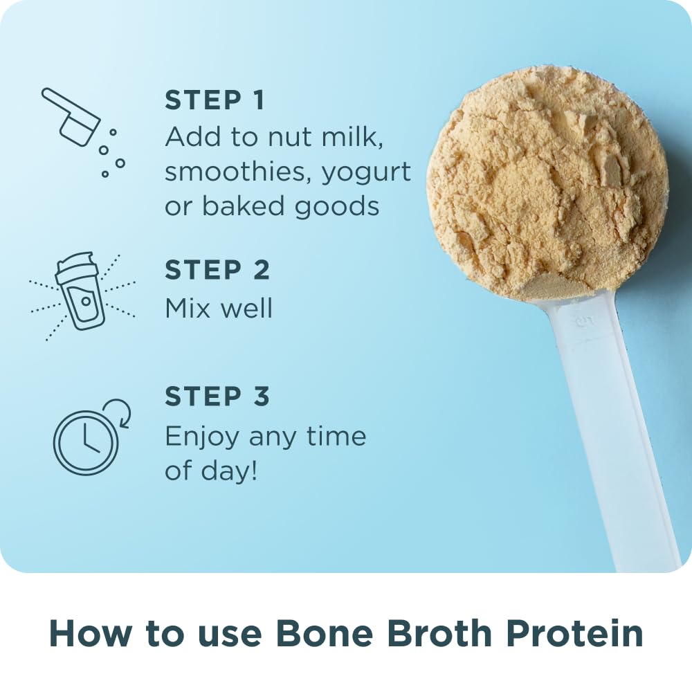 Ingredients list and product information for bone broth protein powder