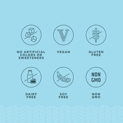 Dairy-free, gluten-free, vegan and non-GMO badges on packaging