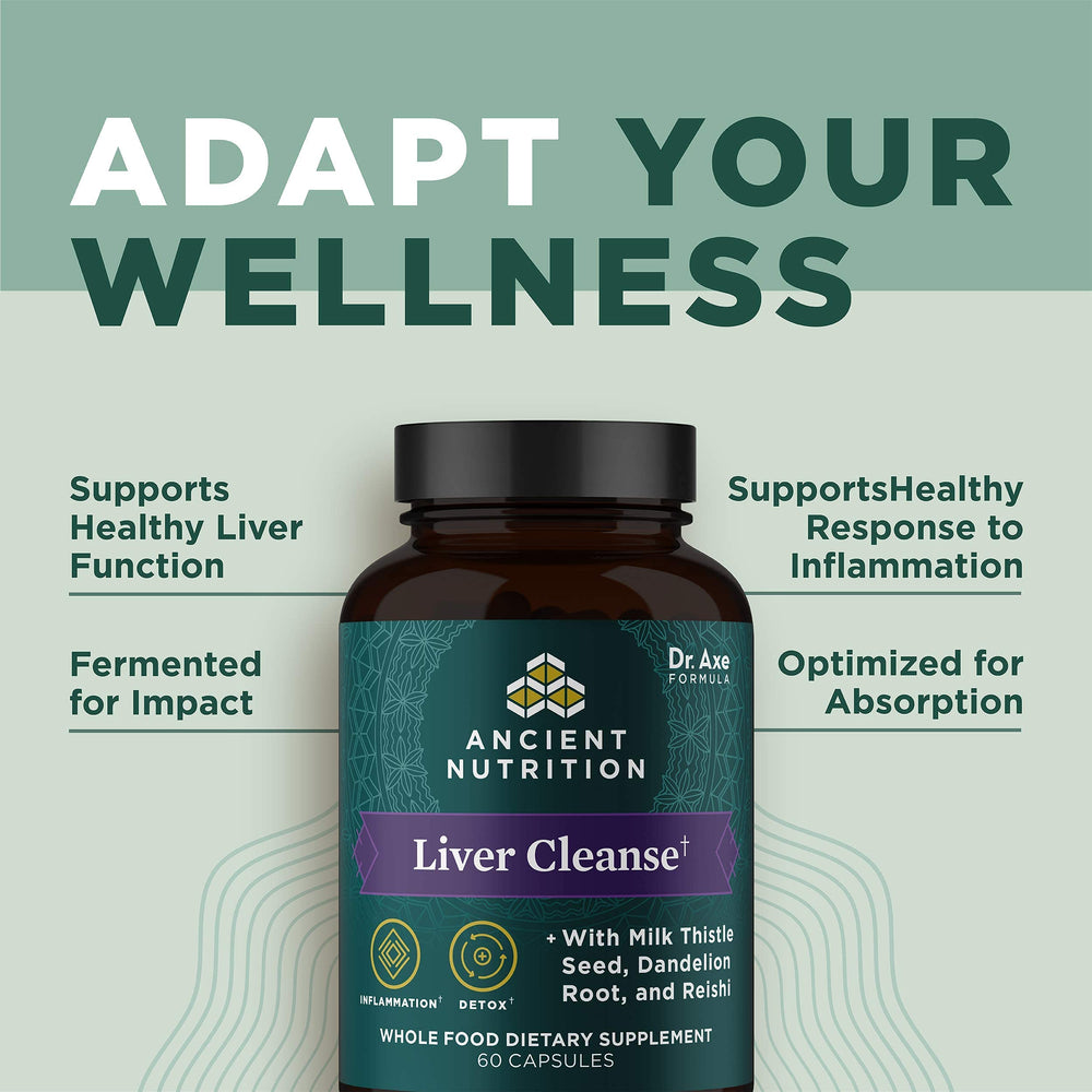 Ancient Nutrition Liver Cleanse ingredients list highlights milk thistle, dandelion, and reishi blend.