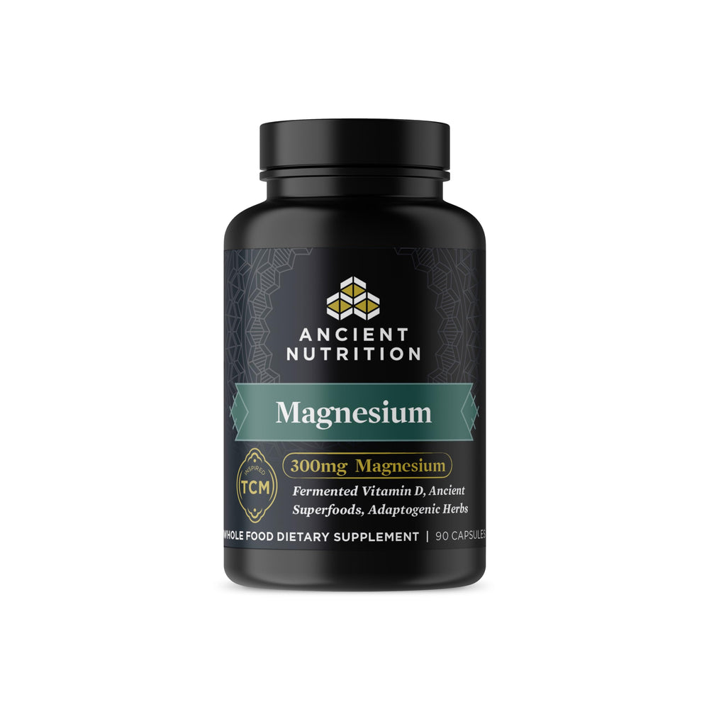 Front of Ancient Nutrition Magnesium 300mg with Vitamin D bottle label