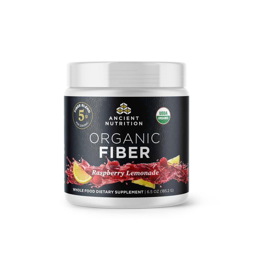 Front view of Ancient Nutrition Organic Fiber Powder Raspberry Lemonade bottle (6.5 oz)