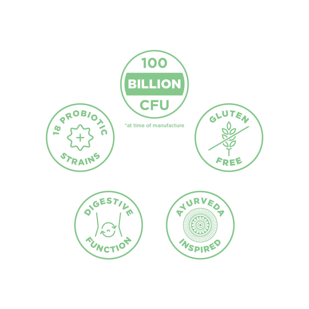 Label highlighting 100 Billion CFU and 18 probiotic strains.