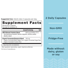 Close-up of SBO Probiotics Ultimate label showing 50B CFUs per serving