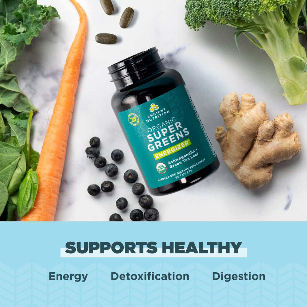 Real fruits, vegetables and herbs featured in Supergreens Energizer Tablets