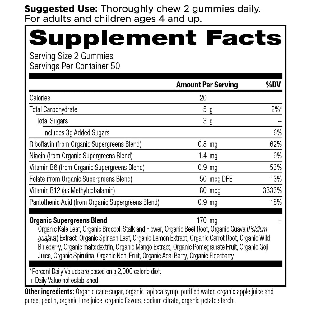 Close-up of bottle label of Organic SuperGreens Gummies