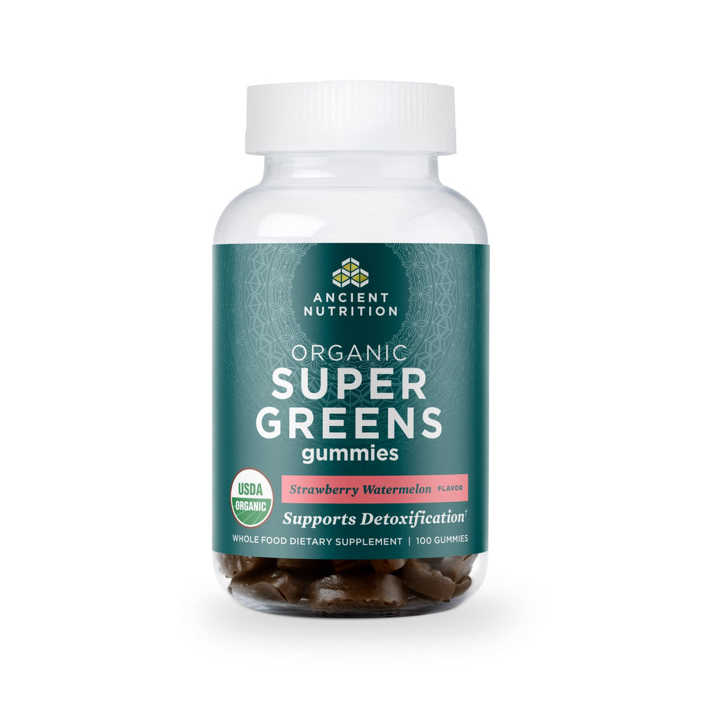 Front view of Ancient Nutrition Supergreens Gummy bottle