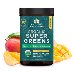 Front view of Ancient Nutrition SuperGreens Mango powder canister
