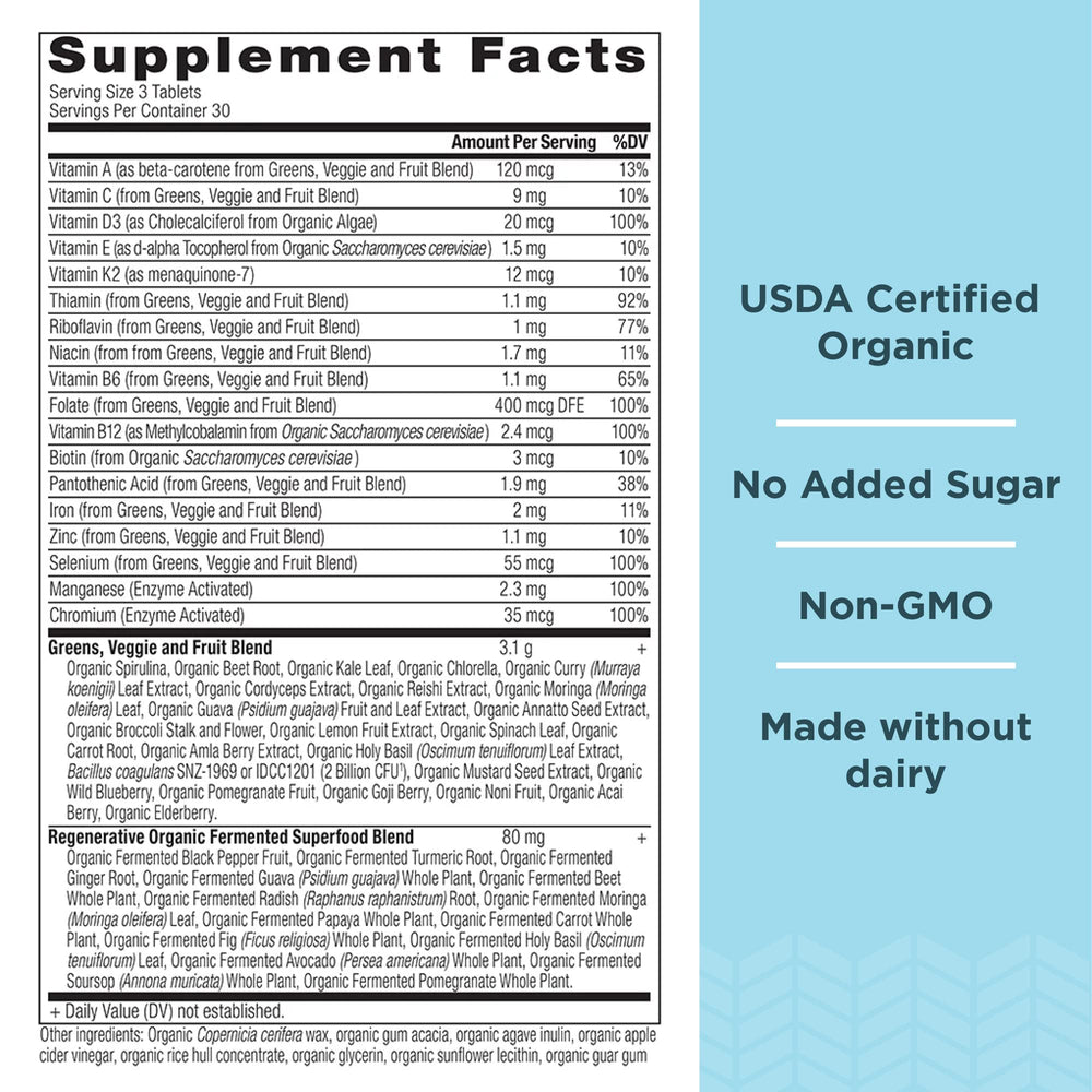 Close-up of Ancient Nutrition Supergreens tablets