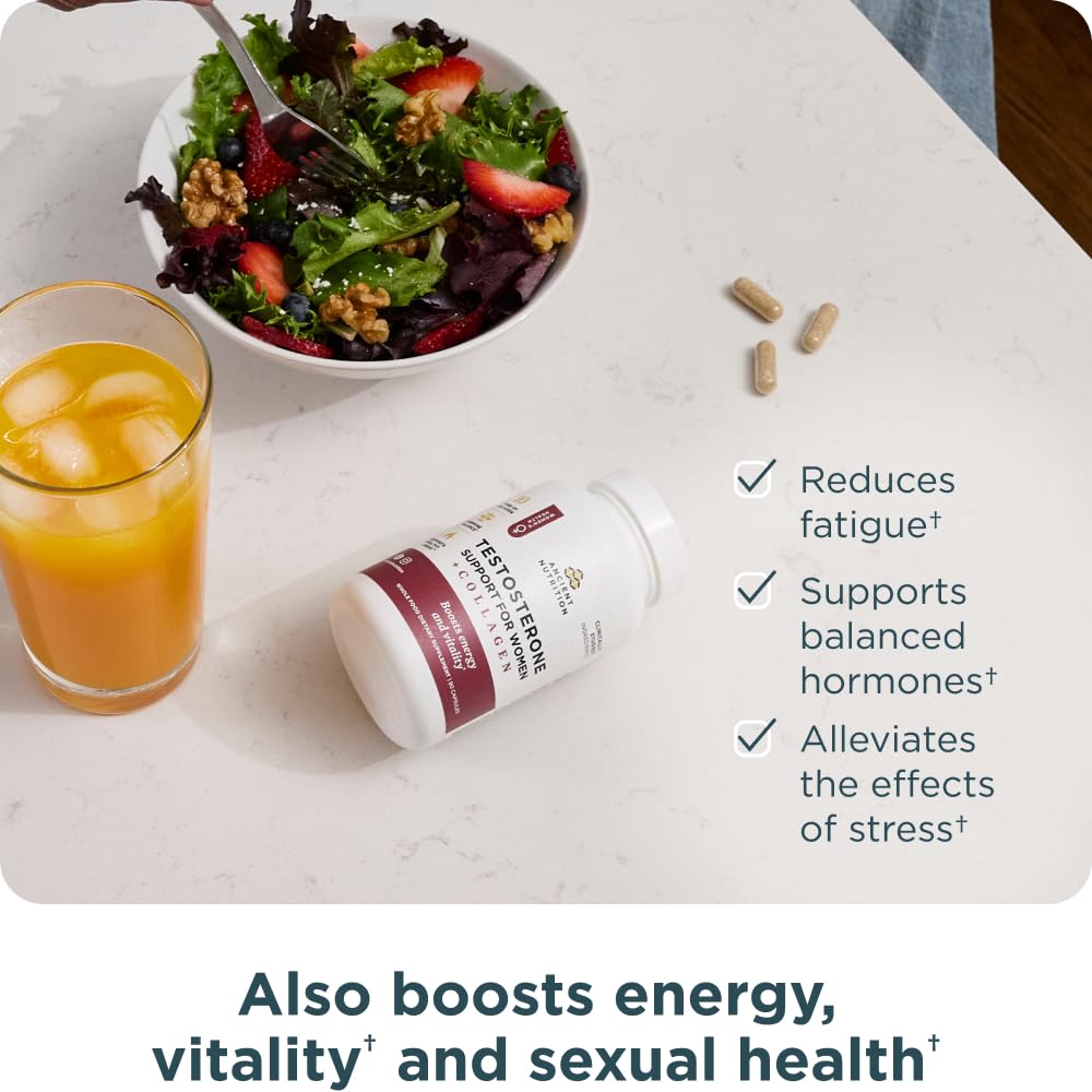 Ancient Nutrition Testosterone Support ashwagandha root image suggesting stress support and balance.