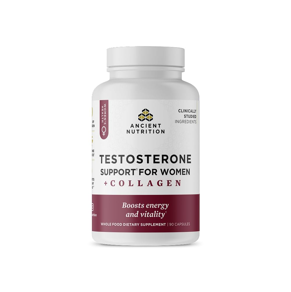 Ancient Nutrition Testosterone Support capsules bottle on countertop, illustrating easy daily dosage.