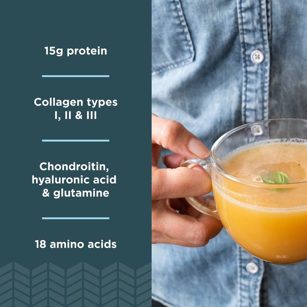 Ancient Nutrition warm tomato basil broth in a mug for savory nourishment