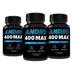 Andro400 T Booster pack front view showing the AndroMax three-pack for daily energy support