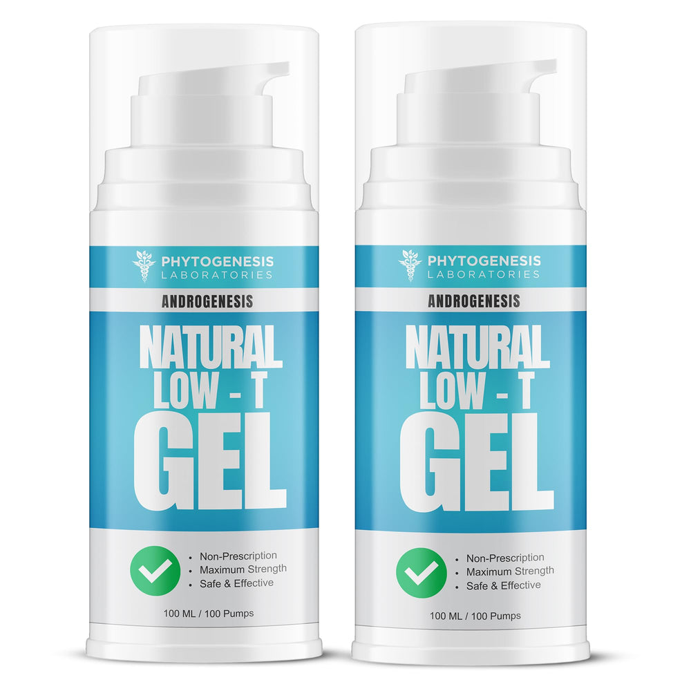 Androgenesis natural low-t gel bottle—sleek blue packaging for daily testosterone-support use.