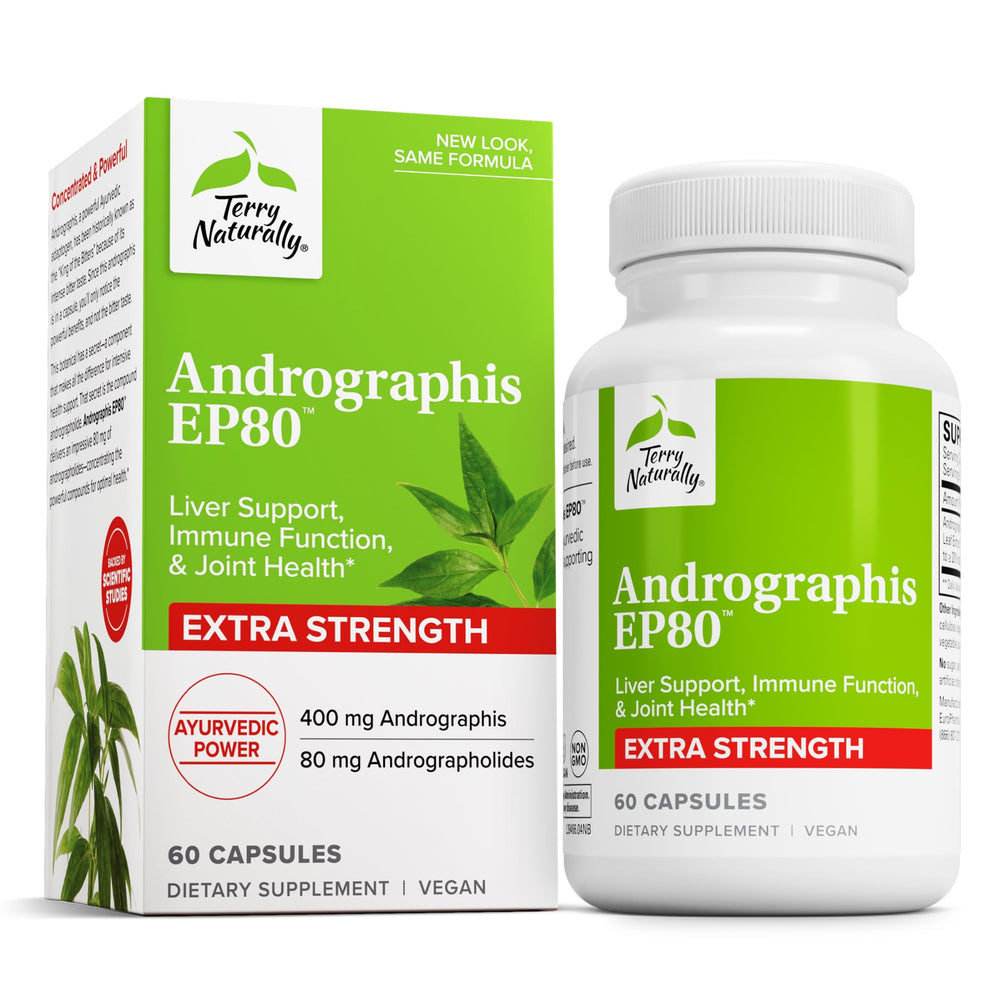Bottle label of Terry Naturally Andrographis EP80 Extra Strength