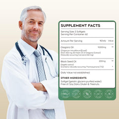 Graphic highlighting 2-in-1 oregano and black seed oil for immune support