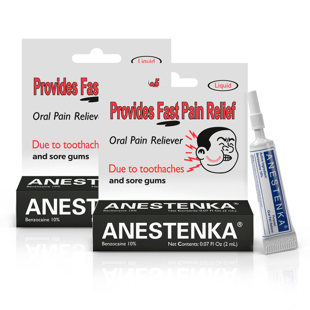 Anestenka Tooth Pain Relief benzocaine bottle and 2-pack packaging
