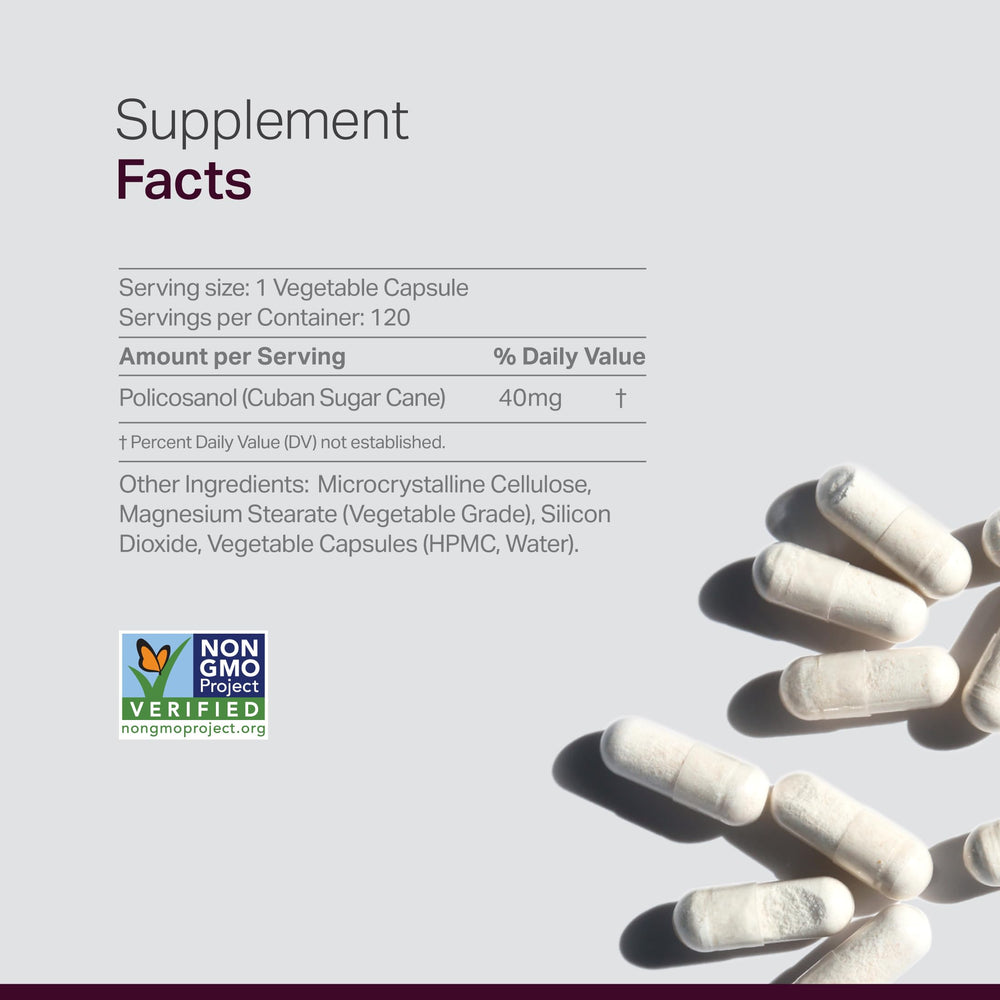 Close-up of policosanol capsules showing non-GMO veggie capsules
