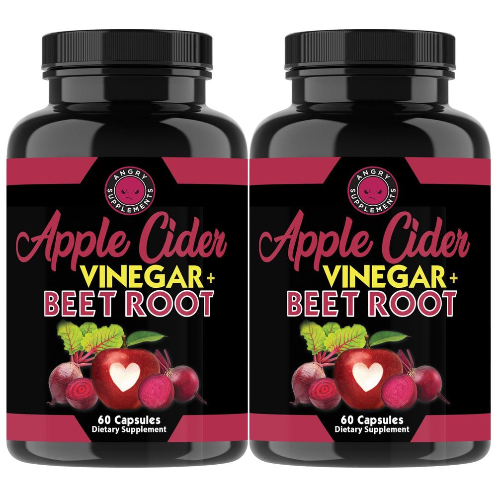Angry Supplements ACV Beet Root capsules bottle close-up for convenient daily digestive health