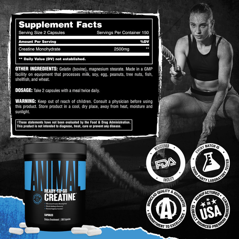 Travel-ready bottle of Animal Creatine Capsules in gym bag