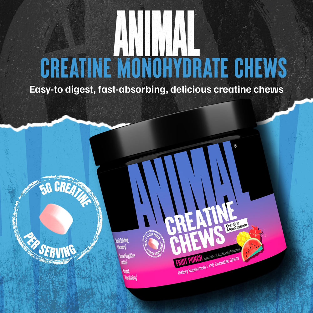 Open tub of Animal Creatine Chews showing fruit punch chews